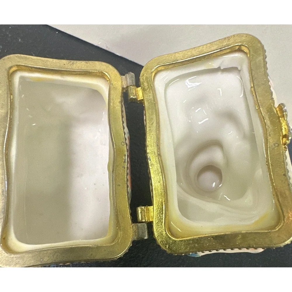 Vintage Porcelain Teddy Bear Hinged Trinket Box Metal Trim Picnic Blanket Design